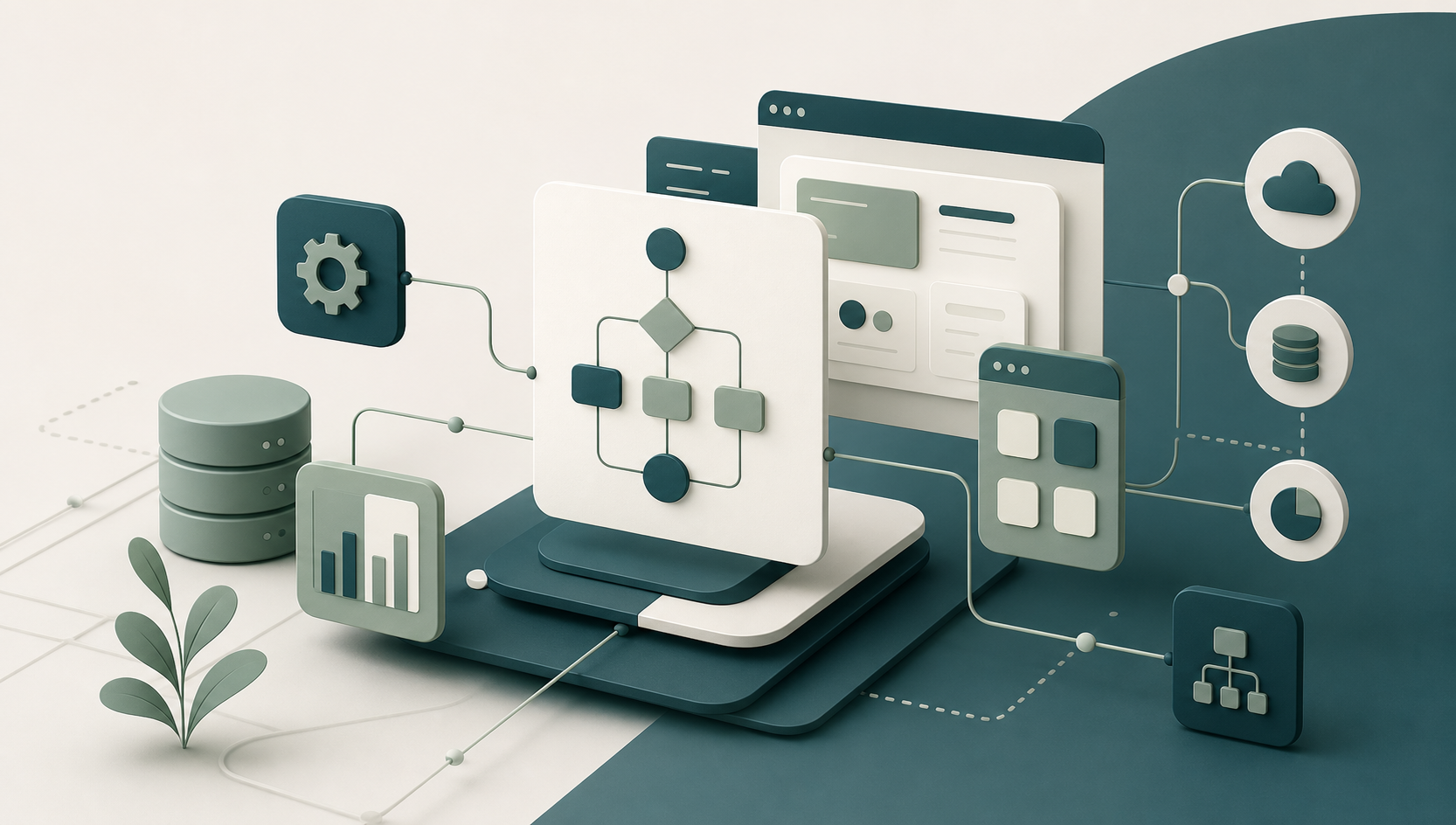 Abstract workflow screens, data, automation, and integrated systems in a teal and cream palette